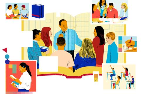 A collection of illustrations depicting faculty, staff members, and students working together.