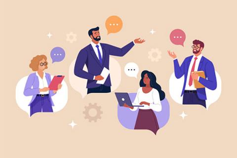 An illustration of talking people holding laptops, clipboards or papers