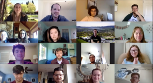 A Zoom screen showing choir students during practice for a virtual performance. 