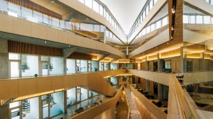 The interior of the Frost Center atrium 