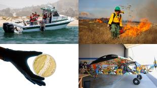 A composite image showing students on a boat, a student fighting wildfires, a gloved hand holding a petri dish of bacteria and a student-built plane.