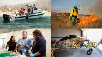 A composite image that shows students in a boat, a student in fire gear with a brush fire behind them, students in a lab and students near a plane.