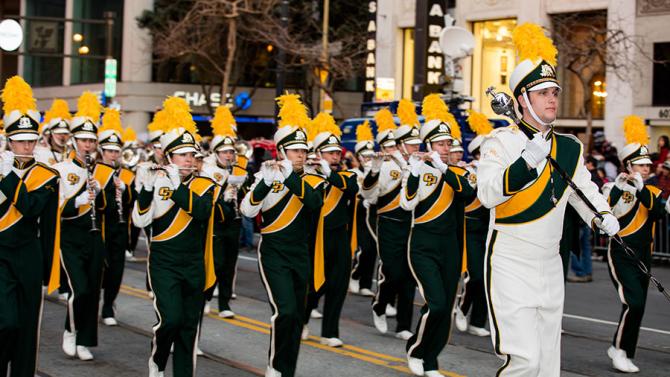 The Mustang Marching Band performing in San Francisco's Chinese New Year Parade.