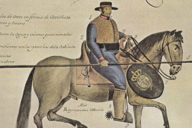 An 18th-century illustration of a Black Spanish soldier on horseback carrying a spear and shield.