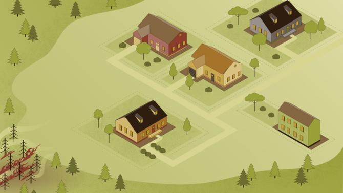 An illustration of a group of houses surrounded by defensible space and woodland areas on fire