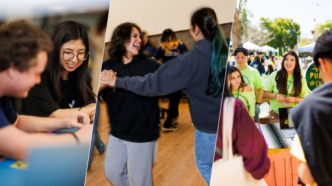 A trio of images showing students talking to their friends