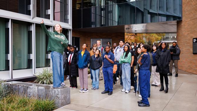 Prospective students touring Cal Poly.