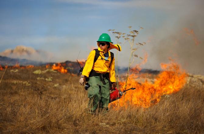 A student in firefighting gear holds a drip torch next to a burning patch of grass at a prescribed burn.