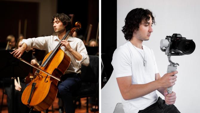 A collage of two images featuring a student playing the cello and capturing video with a camera