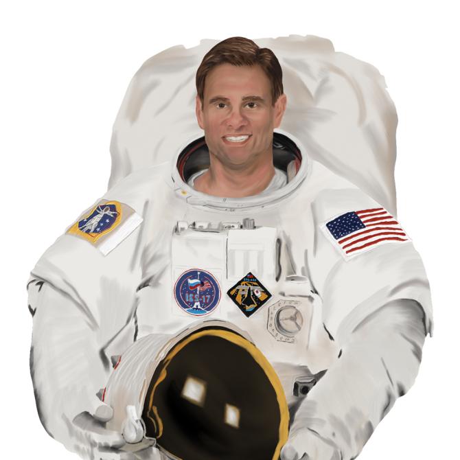 An illustration of Greg Chamitoff in a white space suit while holding his helmet