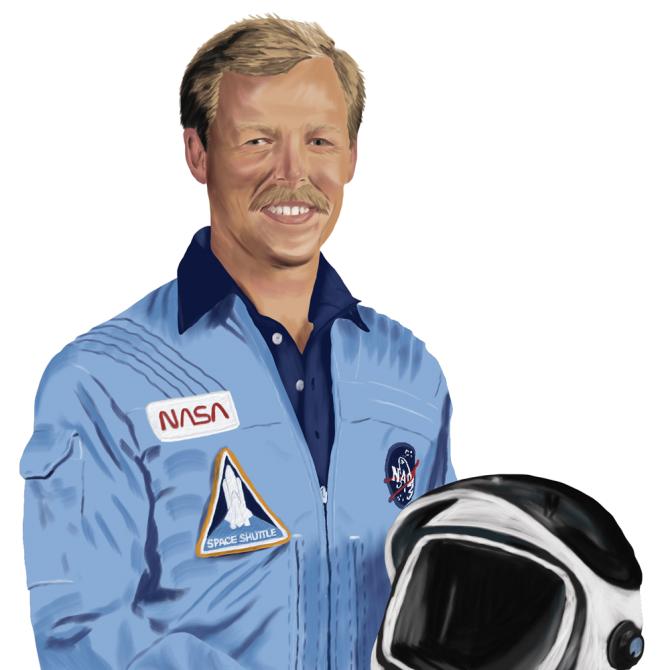 An illustration of Robert "Hoot" Gibson in a blue flight suit holding a helmet