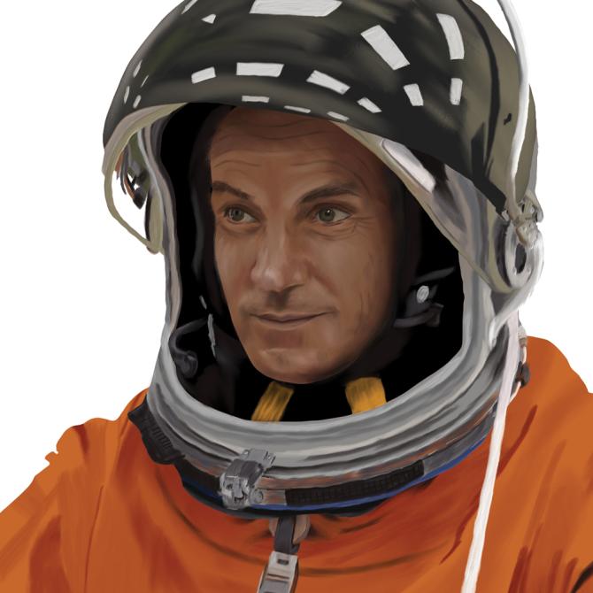 An illustration of Rick "CJ" Sturckow in a space suit and helmet