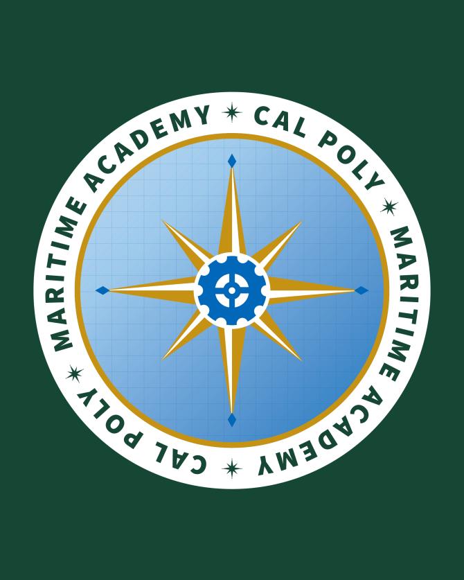 An illustration of a compass with the words "Cal Poly Maritime Academy."