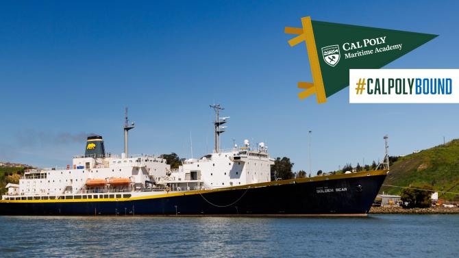 The Training Ship Golden Bear with a Cal Poly Maritime Academy pendant and "#CalPolyBound" on top of it.
