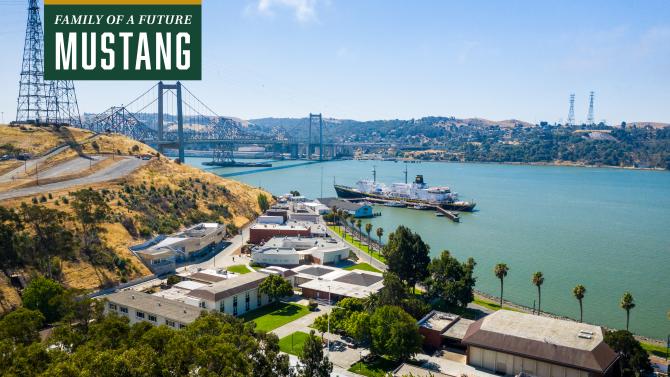 The Cal Poly Maritime Academy campus with the words "Family of a Future Mustang" on top of it.