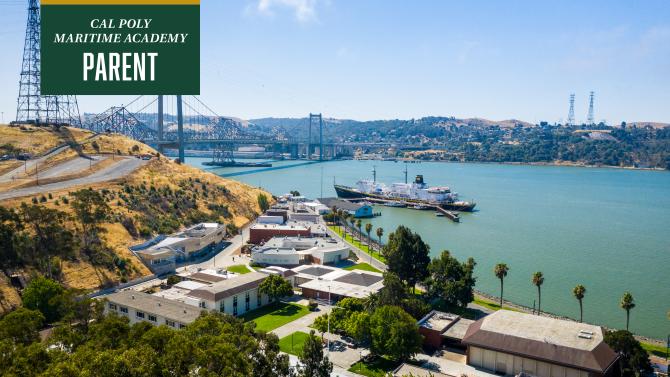 The Cal Poly Maritime Academy campus with the words "Cal Poly Maritime Academy Parent" on top of it.