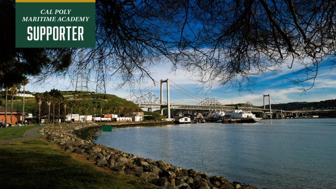 The Cal Poly Maritime Academy campus with the words "Cal Poly Maritime Academy Supporter" on top of it.