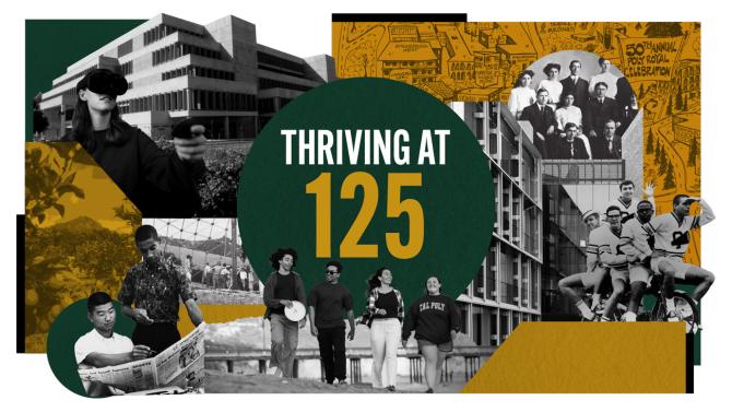 Collage images of Cal Poly's history with the words Thriving at 125