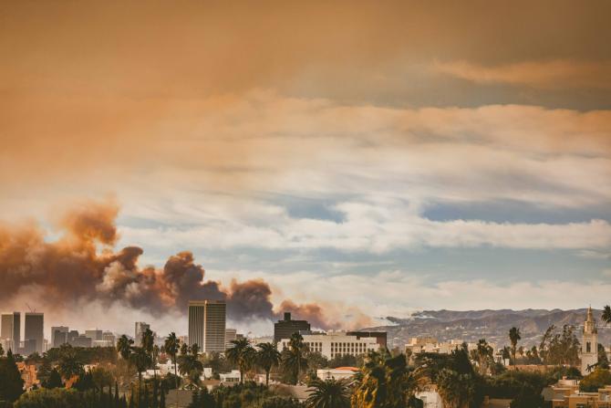 A view of the Eaton Fire from Koreatown in Los Angeles.