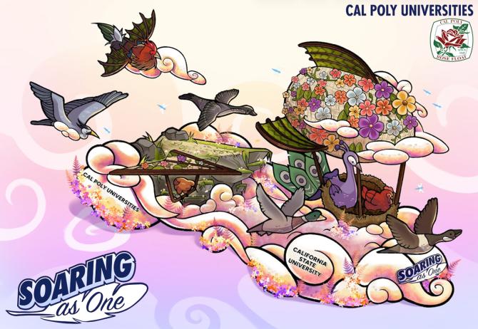 An artist's rendering of the 2027 Cal Poly Universities Rose Float design, "Soaring as One," which depicts a menagerie of birds.